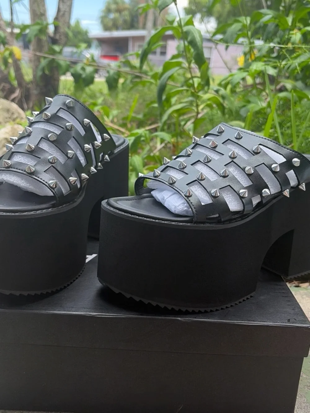 Black Spike-Embellished Platform Slide Sandals
